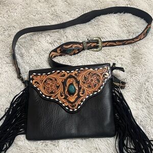 Black leather western crossbody